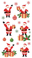 Delightful festive santa claus characters bringing gifts and holiday cheer through winter snowflakes and ornaments