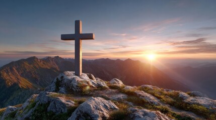 A mountain cross stands majestically at sunrise, overlooking rugged peaks and valleys, symbolizing hope and spirituality in nature's grandeur.