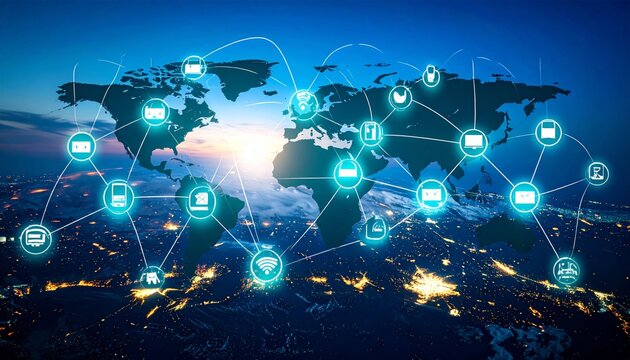 Global Digital Network: Luminous Icons Connecting Continents Over Earth at Twilight. - Powered by Adobe