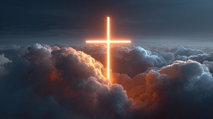 A glowing cross emerges from dark clouds, symbolizing hope and spirituality amidst a dramatic sky.