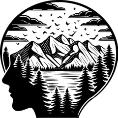 Human head silhouette facing left with color frames for advertising