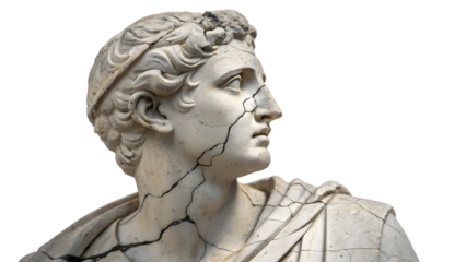 Ancient broken marble sculptures depict classical figure, showcasing historical art