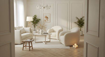 Julius leaving room interior design with round shape white sofa 