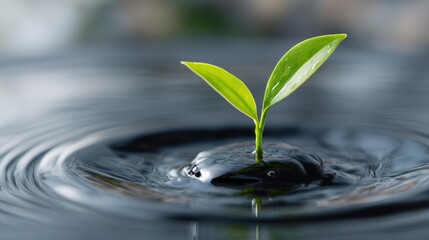 A small green plant emerges from dark water, creating ripples that symbolize growth and renewal.