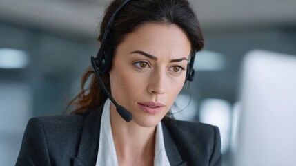 Focused woman in a headset working at a computer, embodying professionalism in a modern office environment.