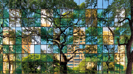 Urban Detail of Green Curtain Wall Reflecting the Sky