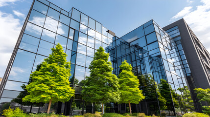 Urban Detail of Green Curtain Wall Reflecting the Sky