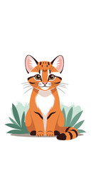 Adorable cartoon illustration of a cute orange striped jungle cat sitting in green grass under the bright sun