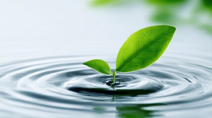 A single green leaf rests on rippling water, symbolizing nature and tranquility.