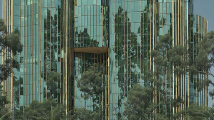 Closeup Pattern of Modern Green-Tinted Window Wall