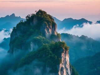 Majestic mountain peak rising above clouds at dawn, surrounded by serene blue hues