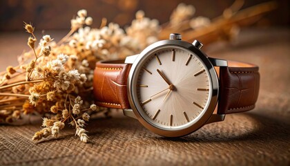 Elegant wristwatch on rustic wood, with dried flowers