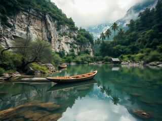 Picturesque river scene featuring wooden boats on calm water surrounded by lush cliffs and palm trees