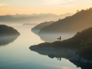 Serene river landscape at dawn with a silhouette of a person and a dog against the misty water