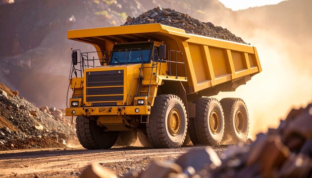 Giant yellow dump truck unloading rocks in a copper mine, dusty environment