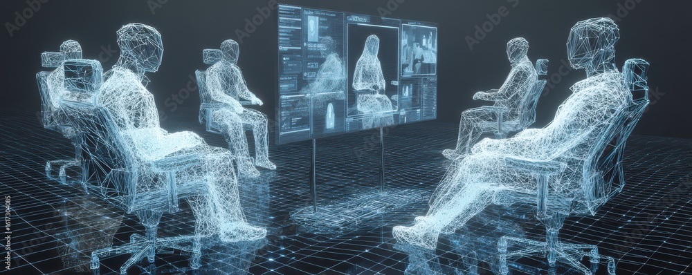 Poster futuristic digital workspace showcasing wireframe team in a virtual collaboration setting