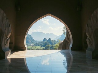 Stunning view through an ornate archway showcasing a mountainous landscape and lush greenery beyond