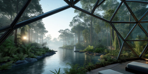 Futuristic Jungle Retreat View from Transparent Dome Tent

