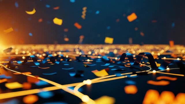 A vibrant abstract scene filled with colorful confetti and swirling patterns set against a dark background illuminated by warm light ideal for festive themes or creative digital designs - Powered by Adobe