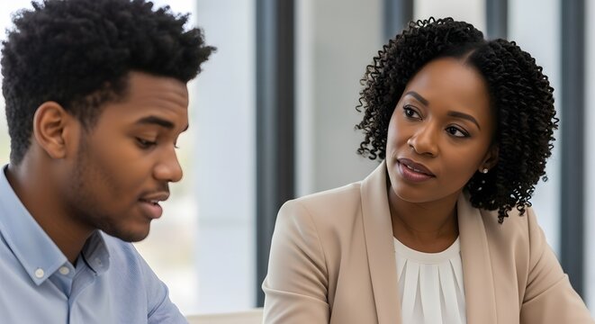 Serious African American businesswoman mentoring a young male colleague. Focused manager giving advice or feedback to her junior employee in a modern office meeting