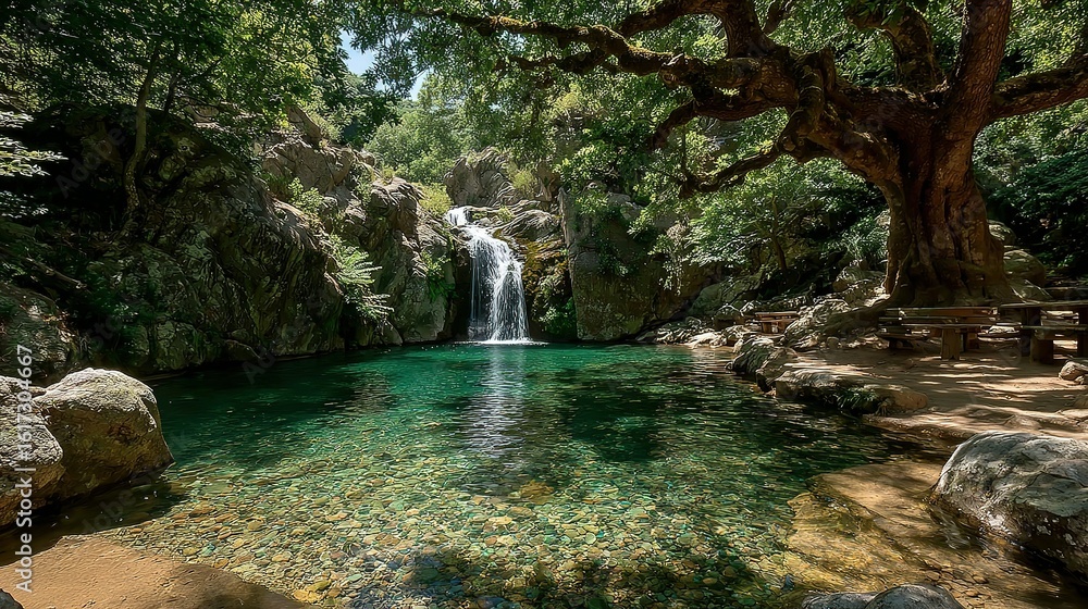 Poster Serene Emerald Pool Fed by Cascading Waterfall Amidst Lush Forest and Ancient Tree