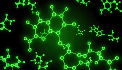 Glowing Green Molecular 3D Structure Against Black Background Illustrating Futuristic Science Concept