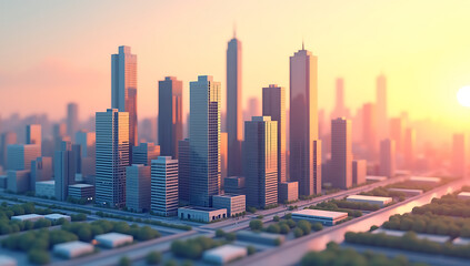 Isometric Urban Skyline with High-rise Towers at Sunset
