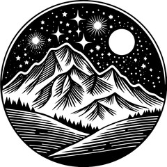 High contrast black and white illustration with red accent
