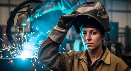 Portrait of a confident female welder lifting her protective helmet in a factory. Bright sparks from welding and industrial machinery are visible in the background. Women in skilled trades