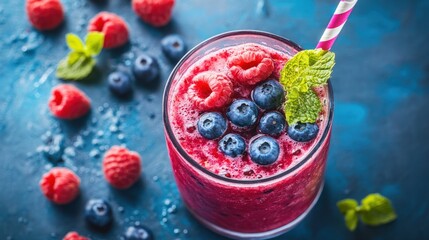 A vibrant berry smoothie, garnished with fresh raspberries, blueberries, and mint, in a glass.