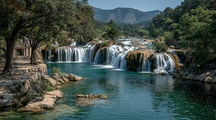 Sunlit Terraced Waterfalls of Skradinski Buk Cascading into a Turquoise River