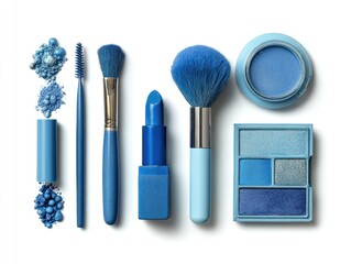 Assorted blue cosmetic items on white background