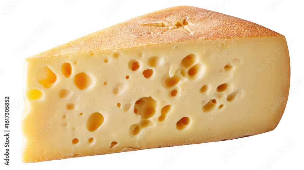 Poster cheese slice isolated on transparent background with holes and textured rind in close up view