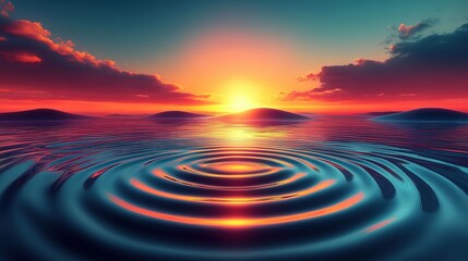 Radiant Sunset Ripples on Serene Water Reflecting Fiery Sky and Distant Abstract Hills