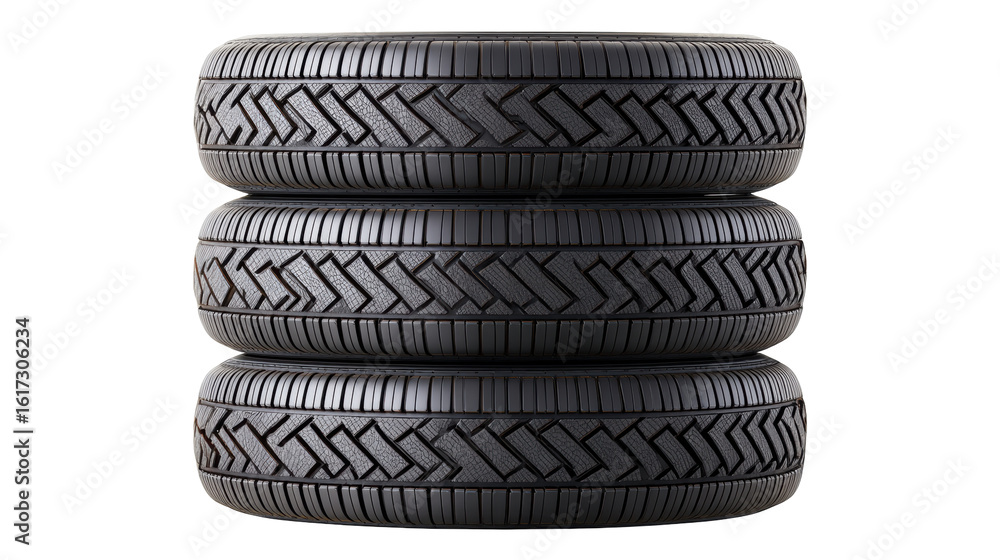 Poster stack of isolated tires on transparent background showing tread pattern and rubber texture