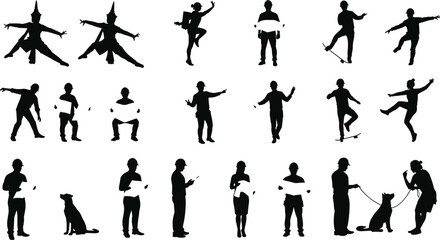 Silhouette collection of diverse people and pets in motion, standing, dancing, using mobile devices, skateboarding, walking dogs, and performing activities, isolated vector illustration