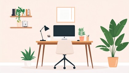 Fototapeta premium Minimalist Home Office With Wooden Desk Computer Chair And Indoor Plants Against Beige Wall With Empty Frame