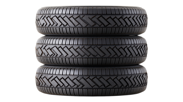 Stack of isolated tires on transparent background showing tread pattern and rubber texture