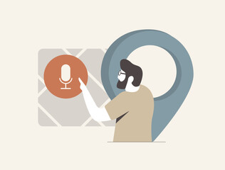 Voice search for nearby places with user location pin, microphone icon, AI assistant response. Local SEO, mobile voice technology. Smart voice search interaction modern UI vector illustration