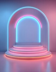 3D rendered podium scene with neon lights and pink and blue colors.