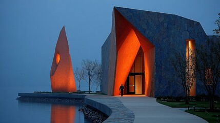 Modern Architectural Marvel Illuminated by Warm Orange Light at Dusk with a Lone Figure Approaching