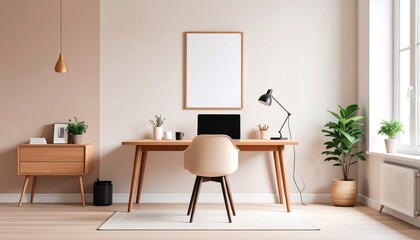 Minimalist Workspace Featuring Wooden Desk Chair Plants And Lamp Against Beige And White Walls In Scandinavian Design