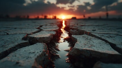 Sunset's Golden Light Reflected in a Fissure Across a Cracked, Arid Landscape.