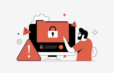Ransomware attack with hacker locking personal data folders, demanding ransom payment for file decryption. Ransomware attack, malware infection and cybercrime warning isolated vector illustration