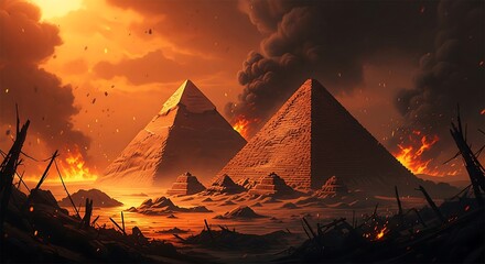 Pyramids dominate a fiery landscape. Smoke billows under a hot sky. Destruction surrounds these ancient structures.