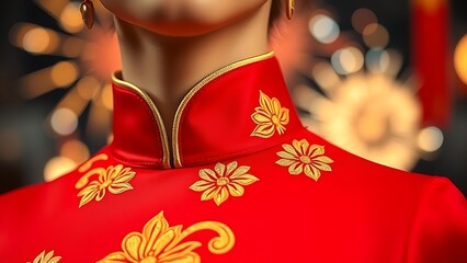 Fototapeta premium White and red silk scarf with lion motifs, draped elegantly, soft sunlight filtering through sheer curtains.