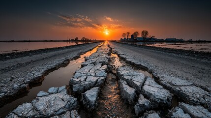 Sunset over Flooded Farmland: A Cracked Road to the Horizon