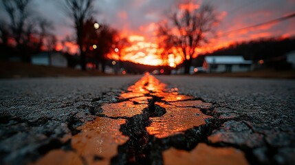 Fiery Sunset Reflected in the Cracked Yellow Line of a Rural Road