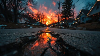 Fiery Sunset Reflection in Puddle on Cracked Asphalt Street with Bokeh Lights