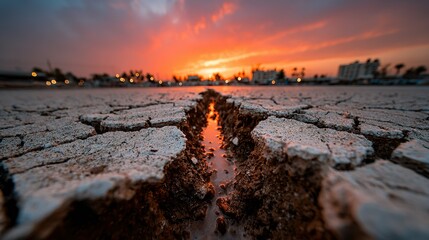 Parched Earth's Fissure Reflects a Fiery Sunset Over a Distant City
